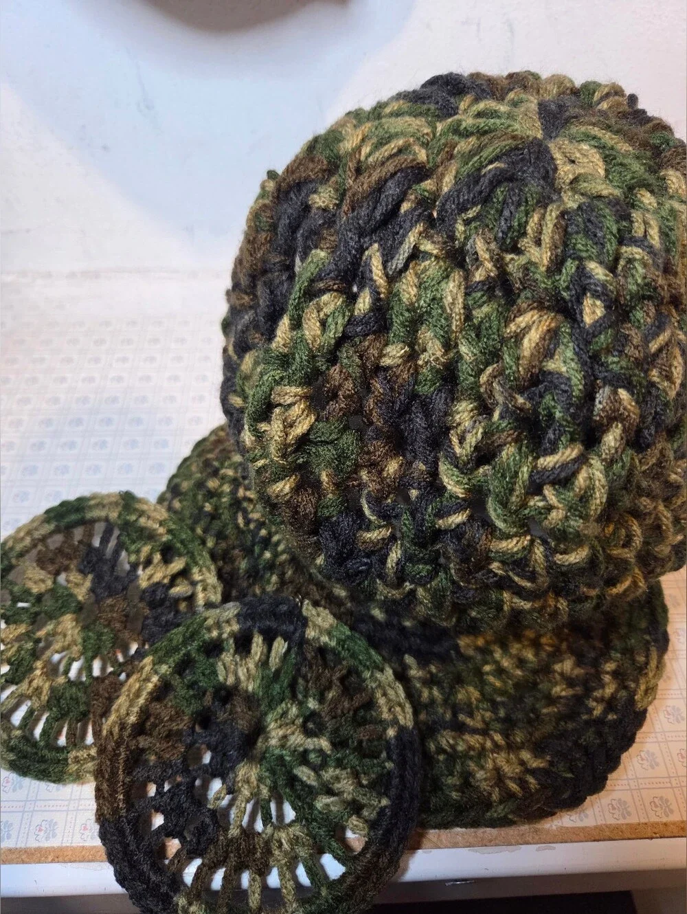 Handmade Olive Green Crocheted Newsboy Cap and Hoop Earrings Set... Camouflage
